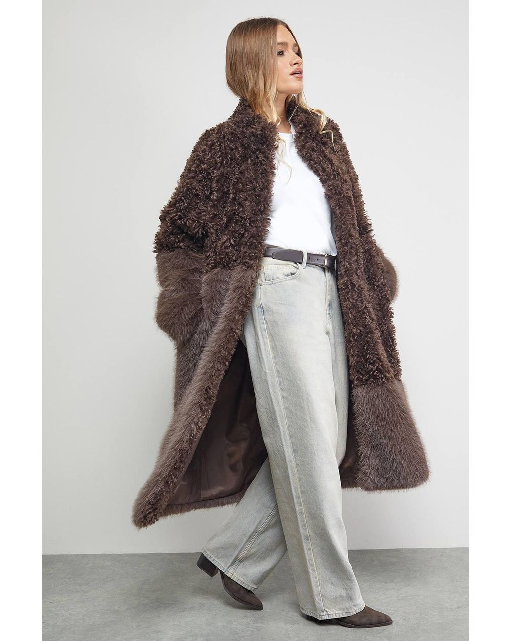 Warehouse Brown Patchwork Fur Midi Coat