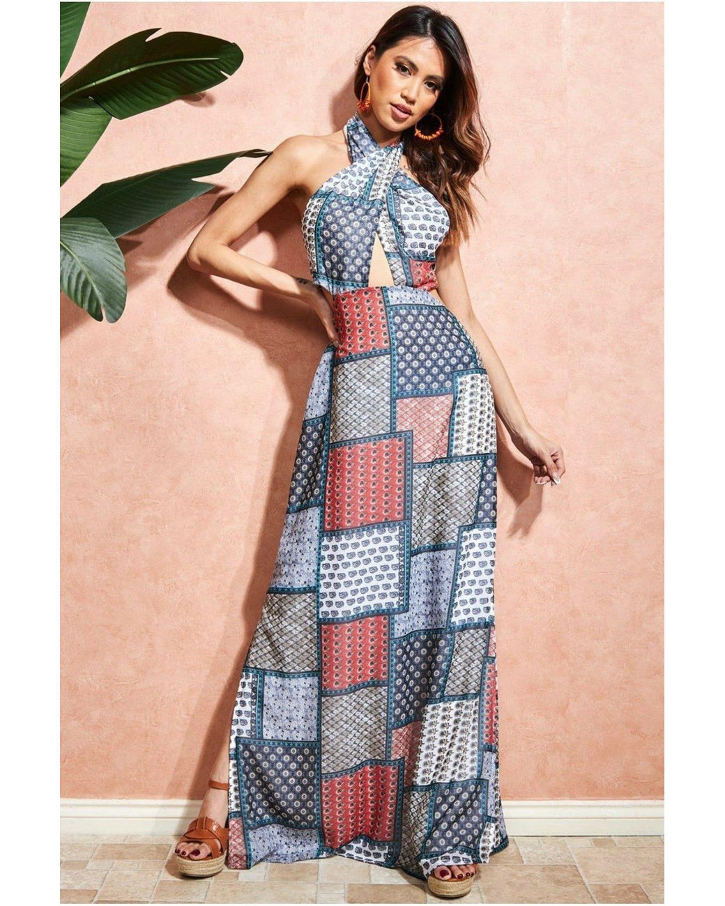 Goddiva Blue Halter Neck Printed Maxi Dress