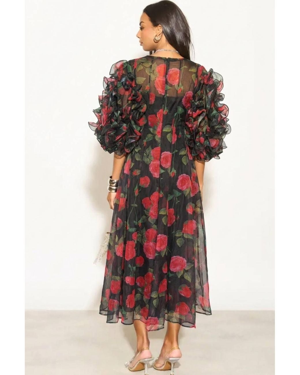 CY Black Statement Rose Print Ruffle Sleeve Mesh Maxi Dress