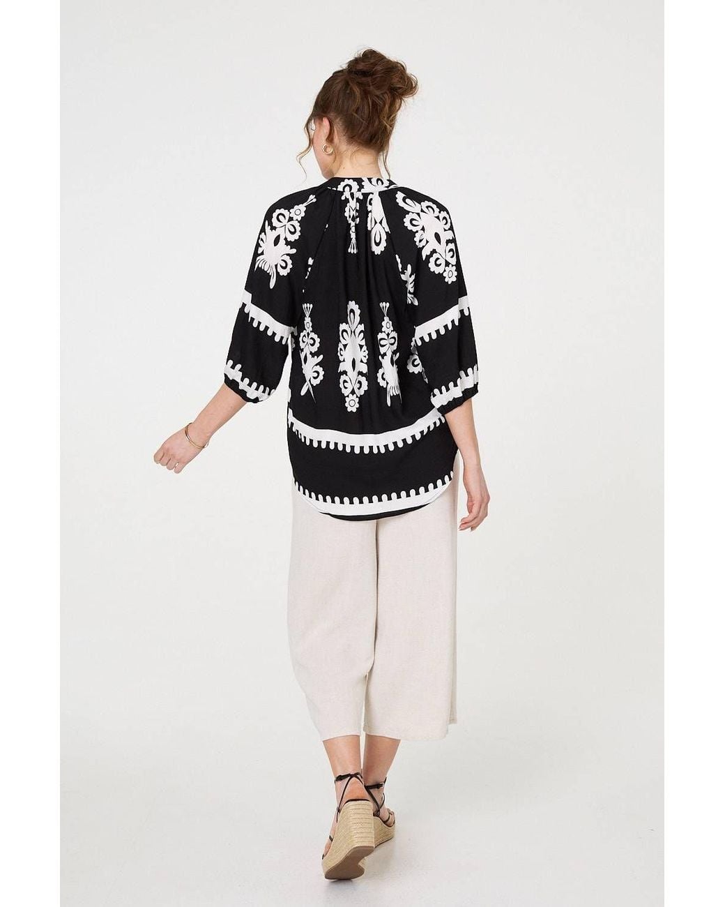 Izabel London Black Ikat Print 3/4 Sleeve Relaxed Blouse