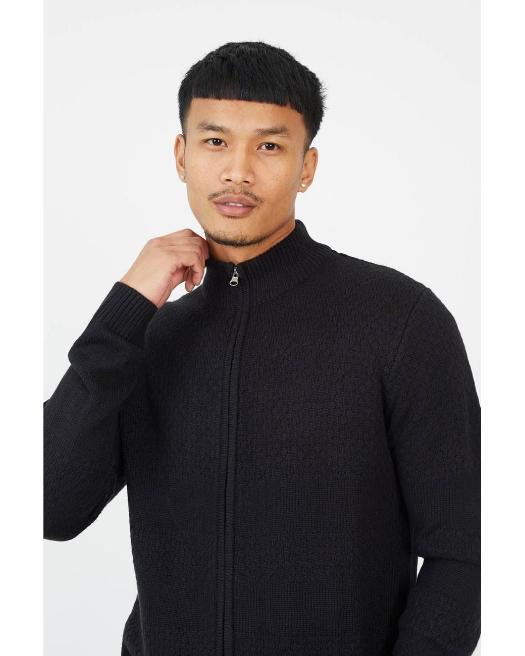 Brave Soul Blue Zip Through Funnel Neck Knit Cardigan for men