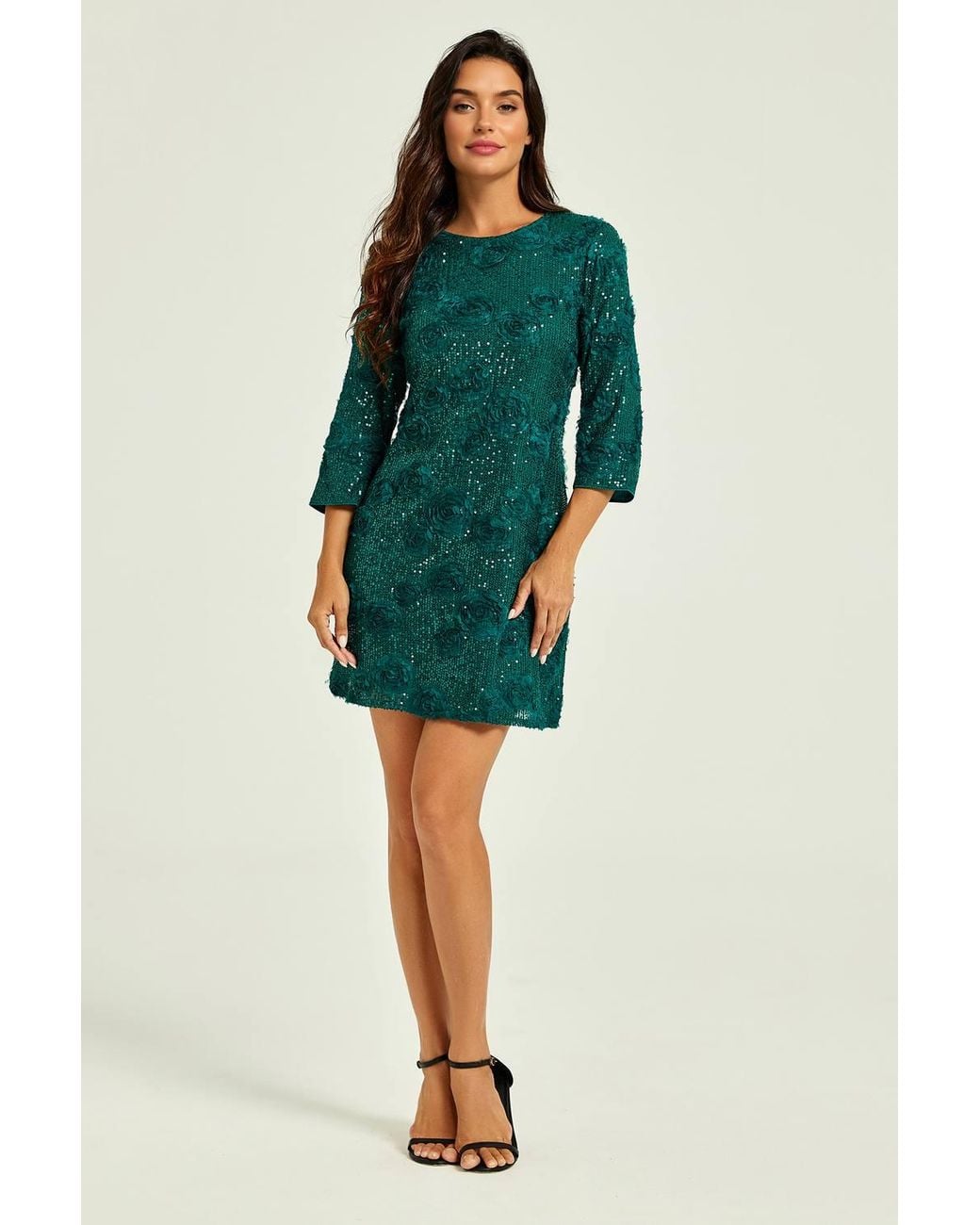 FS Collection Green Floral Sequin 3/4 Sleeve Mini Dress