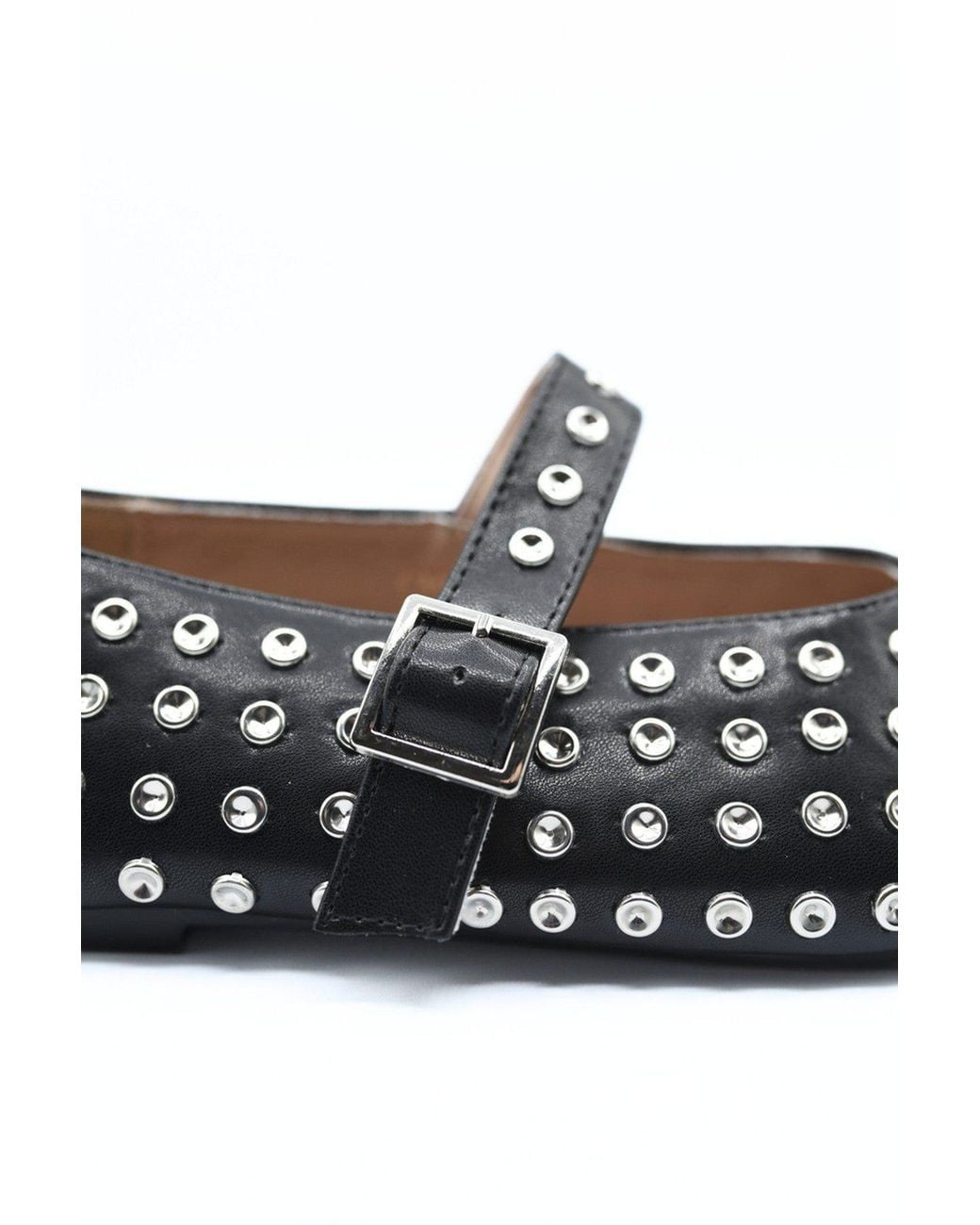 IKRUSH Black Anna Rhinestone Decor Round Toe Buckle Strap Flat Shoes