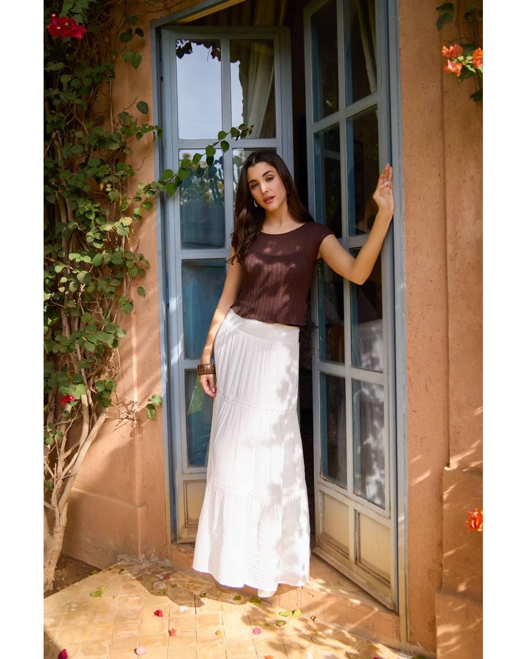 Blue Vanilla White Shirred Waist Maxi Skirt