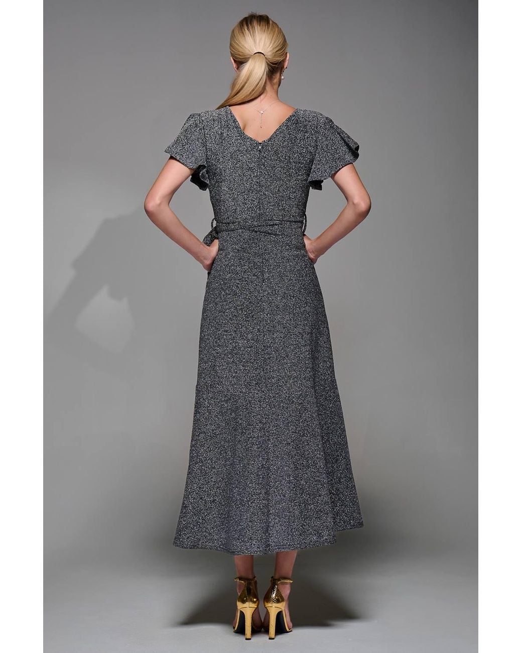 Jolie Moi Gray Metalic Angel Sleeve Wrap Maxi Dress