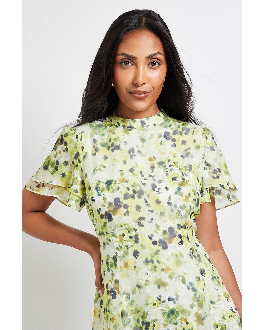 Wallis Green Petite Floral Burn Out Ruffle Midi Dress