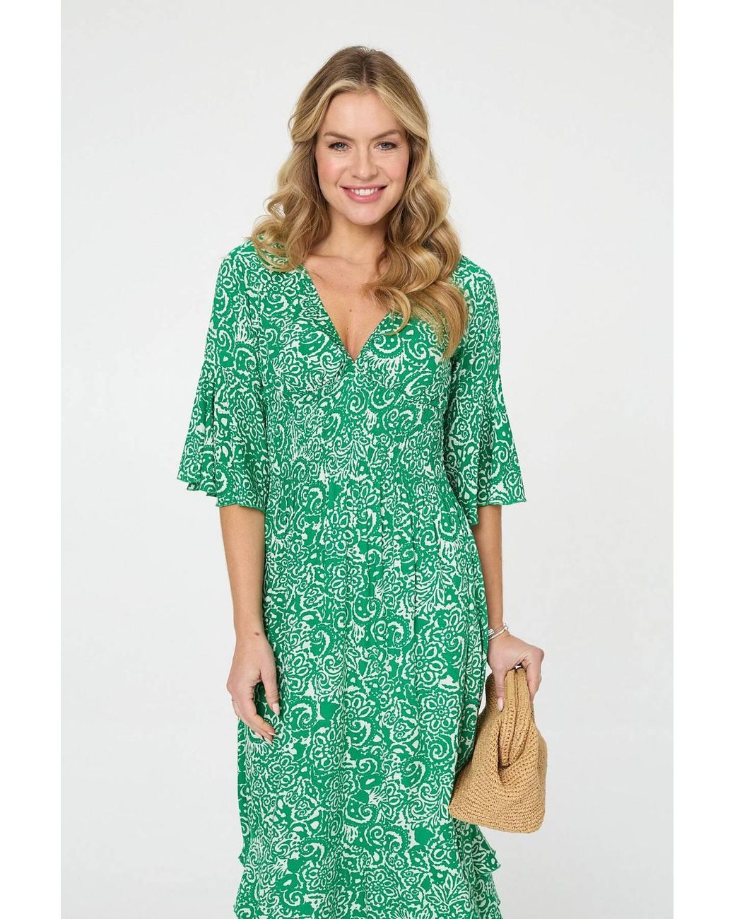 Izabel London Green Printed 3/4 Sleeve Layered Midi Dress