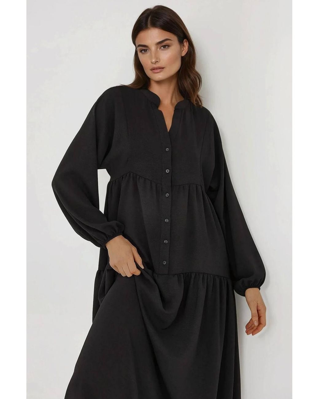 Hiccup Black Textured V-Neck Maxi Dress With Button Detail