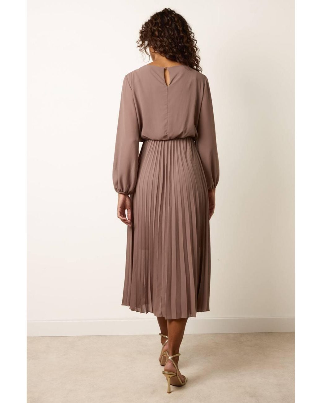 Blue Vanilla Natural Elasticated Waist Long Sleeve Round Neck Midi Dress