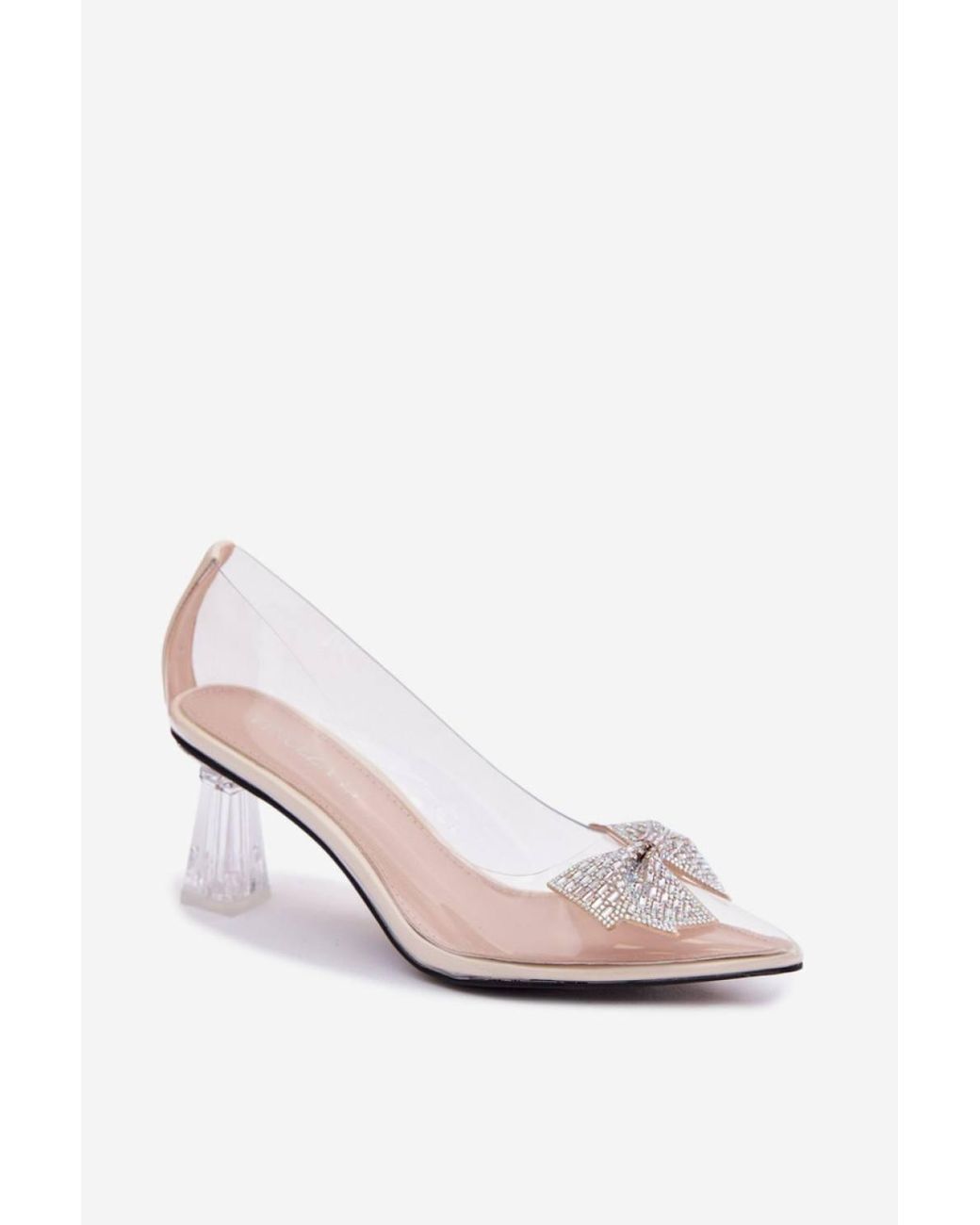 Love Lace Pink Transparent Crystal Bow Pointed Toe Block Heel Pumps Wedding