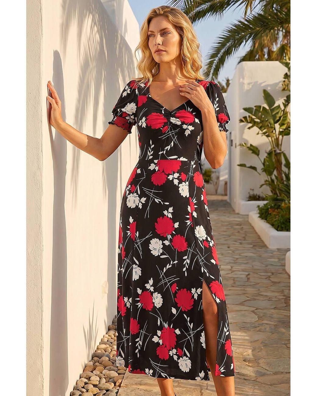 Roman Black Floral Print Ruched Midi Dress