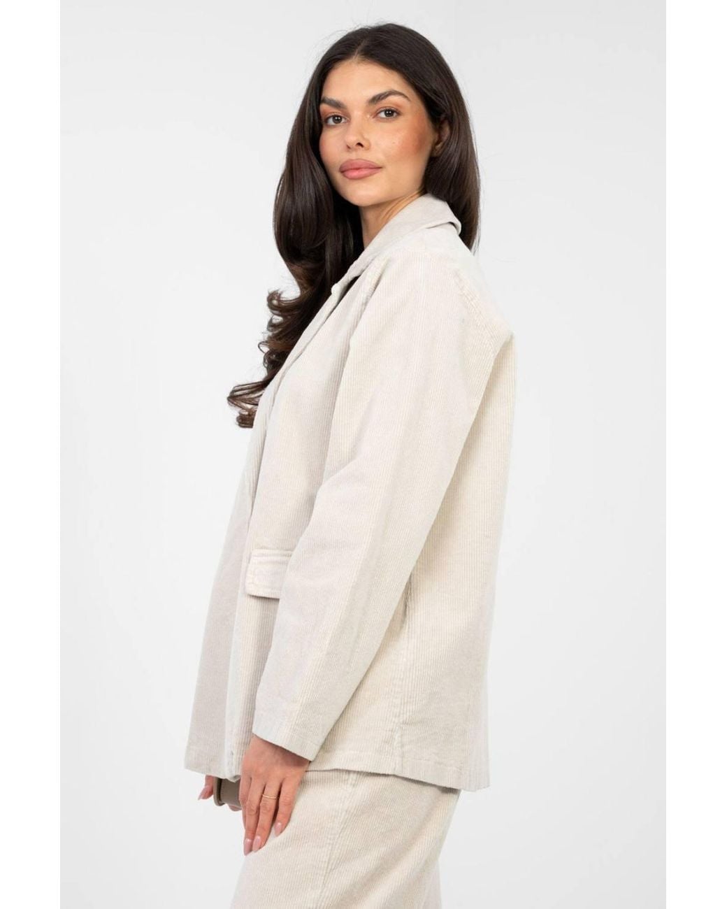 Love Lace White Cotton Corduroy Blazer With Office Style