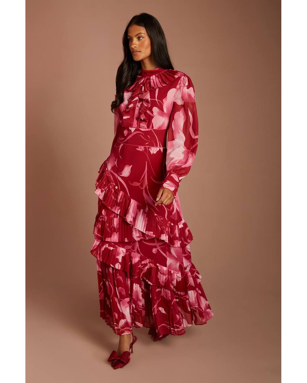 Coast Petite Printed Long Sleeve Pleated Tiered Midaxi Dress