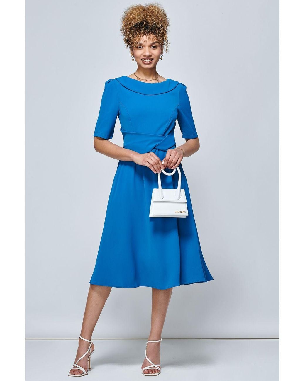 Jolie Moi Blue Darlene Fold Over Neck Dress