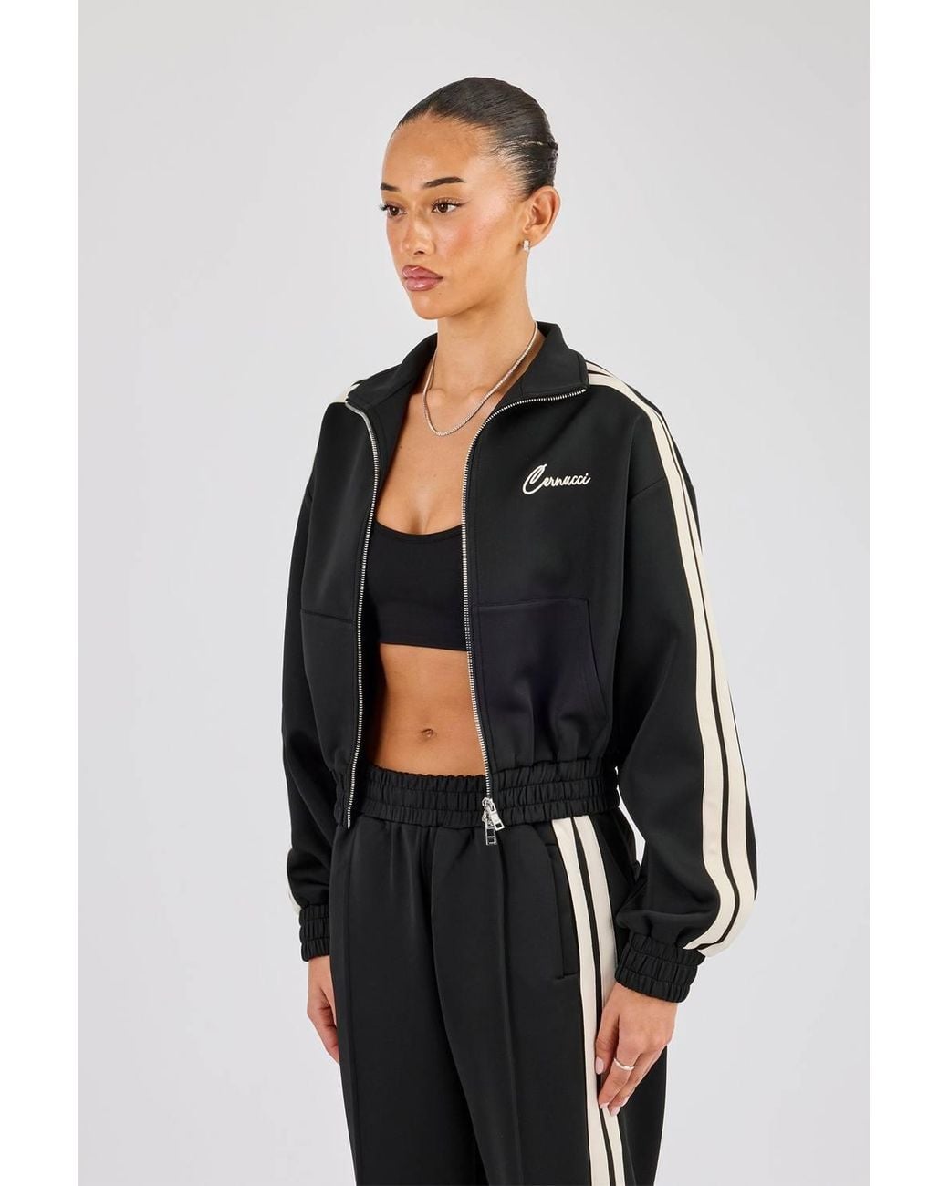 CERNUCCI Black Taping Cropped Funnel Neck Jacket