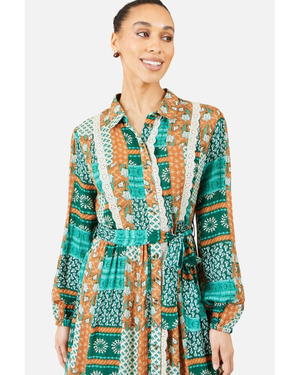 Yumi' Green Patchwork Viscose Midi Shirt Dress