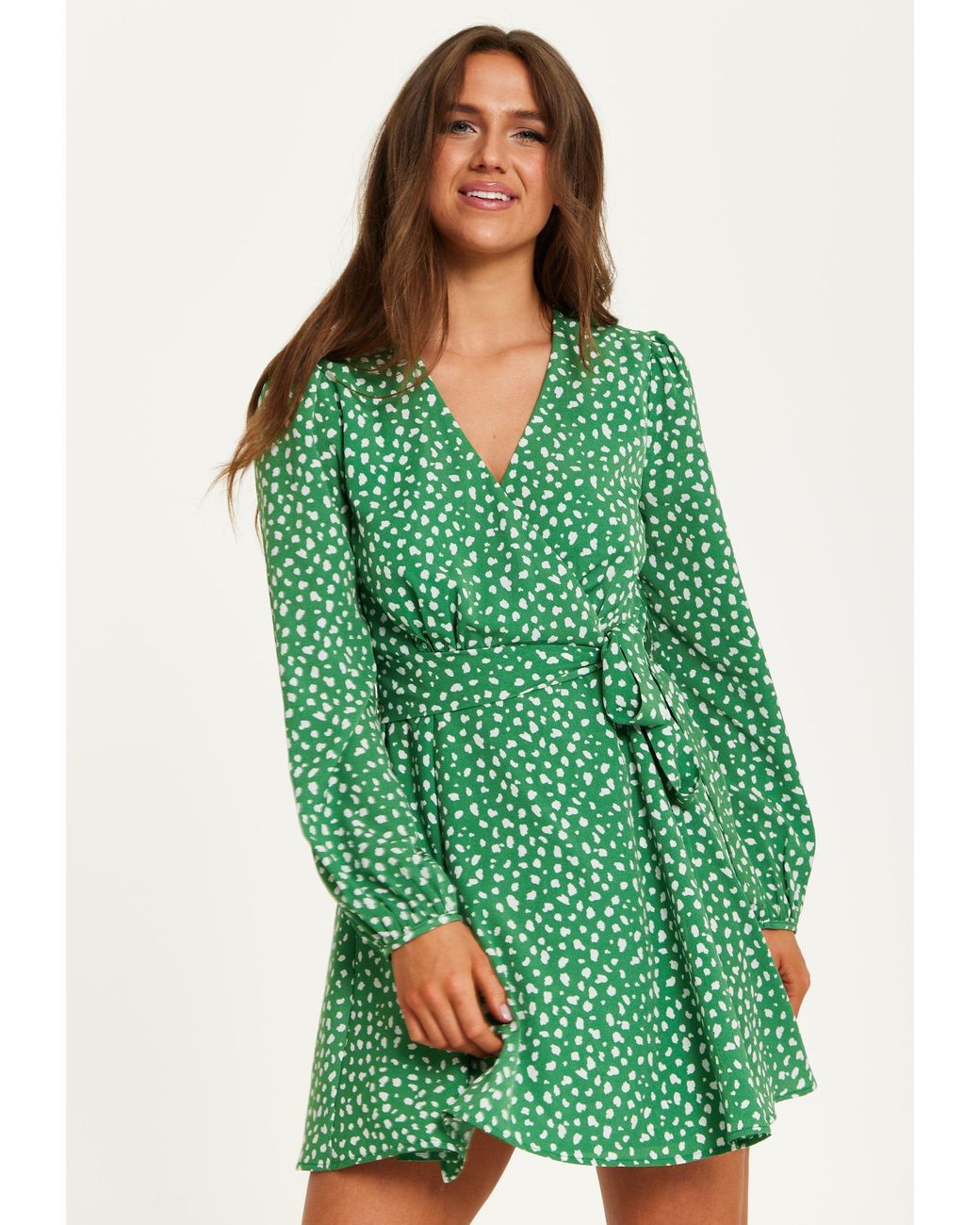 Liquorish Green Animal Print Mini Wrap Dress With Long Sleeves