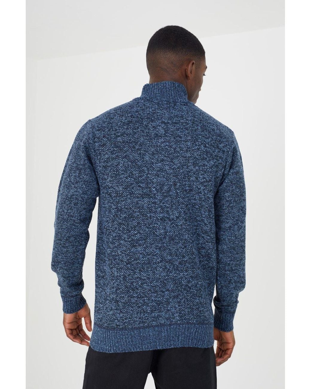 Brave Soul Blue Funnel Neck Zip Through Knitted Jumper for men