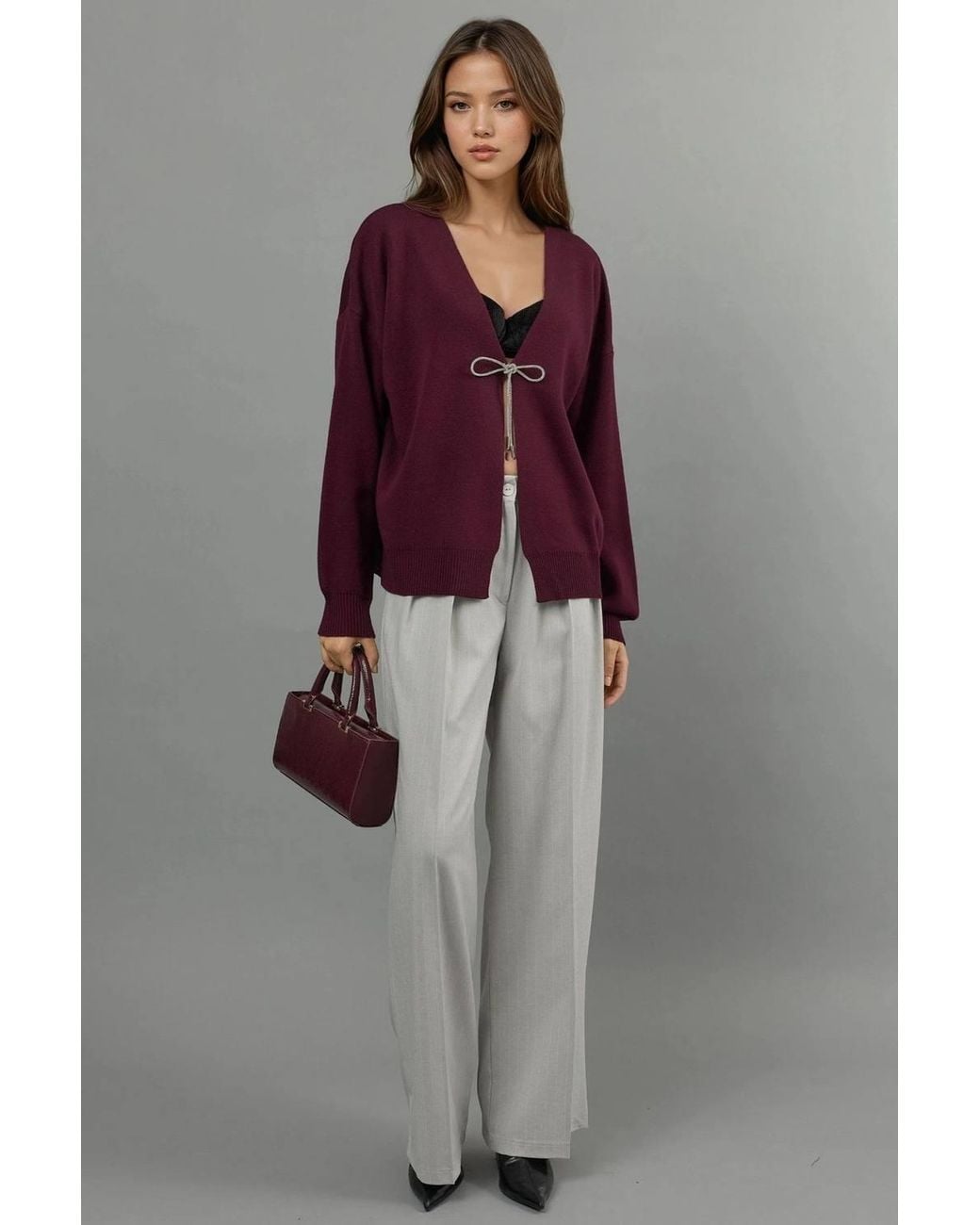 Hiccup Purple V-Neck Knitwear Cardigan With Bow Detail