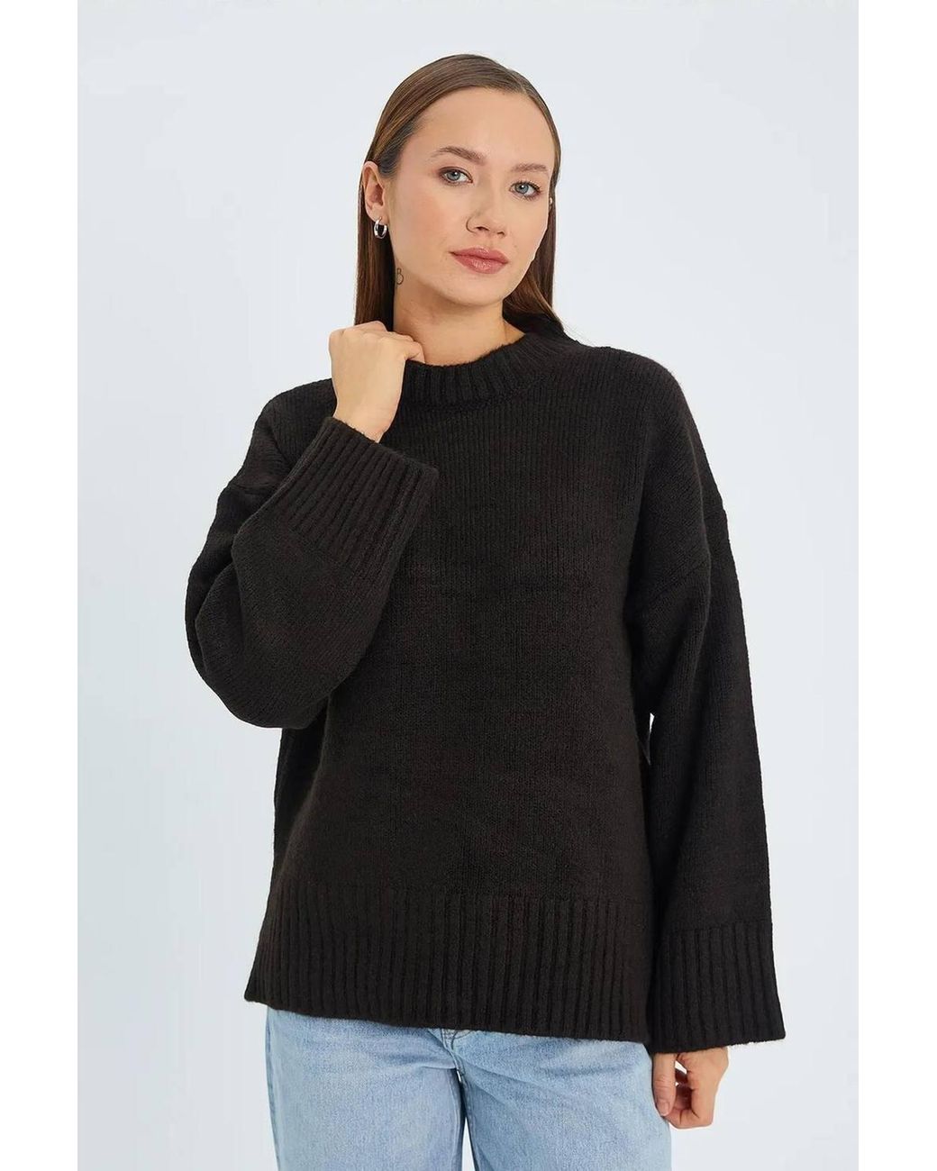 MixRay Black Oversized Ribbed Knit Sweater With Crew Neck