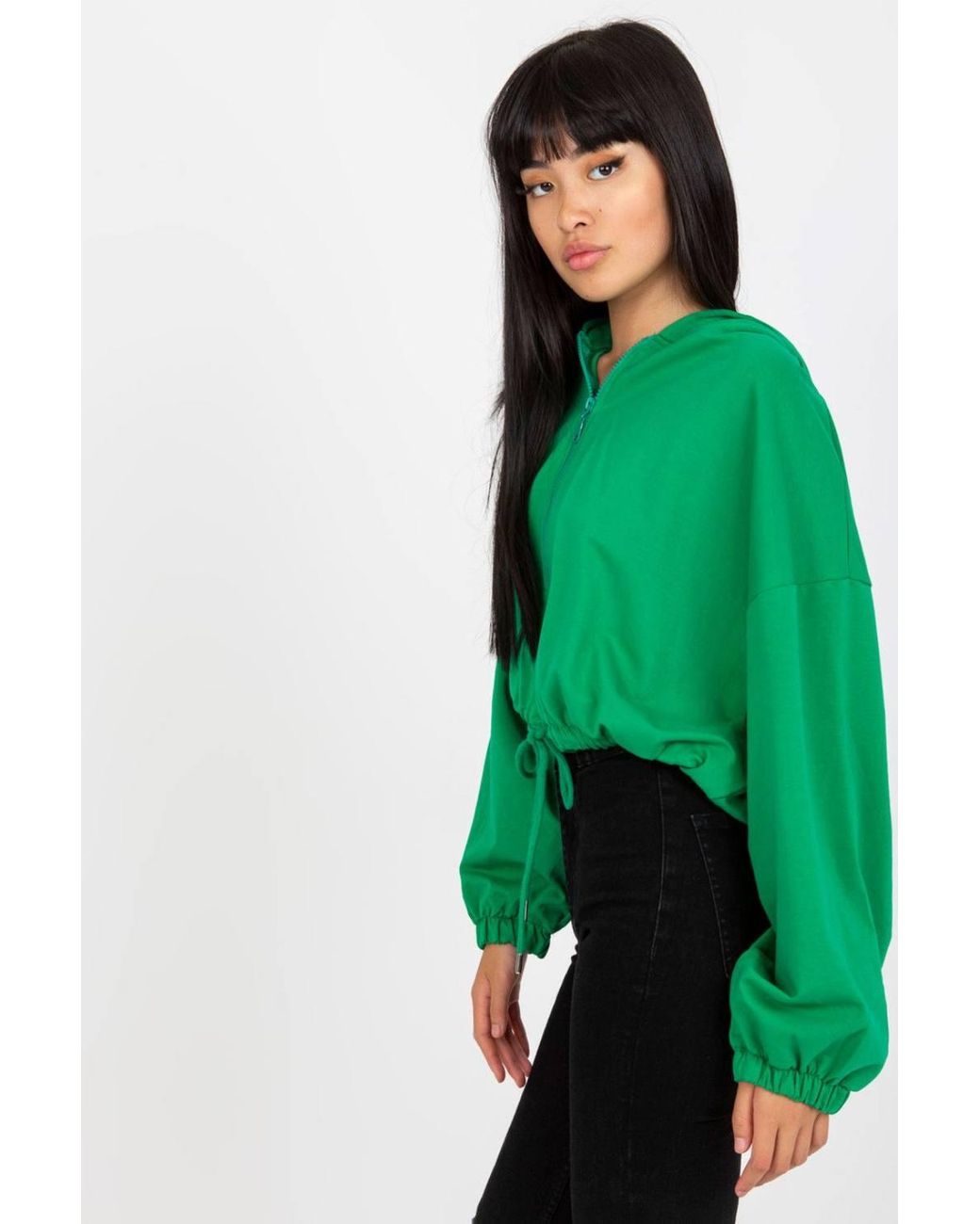 Love Lace Green Zip Hooded Short Sweatshirt Tie Hem Long Sleeves
