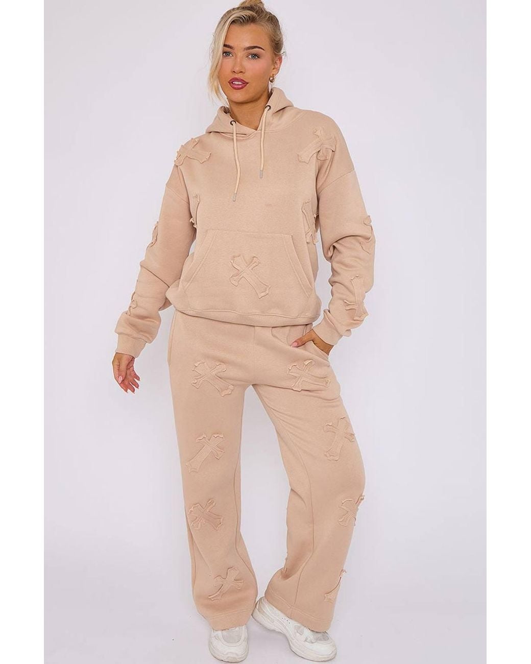 Stylewise Natural Oversized Crucifix Embroidered Hooded Fleece Co-Ord