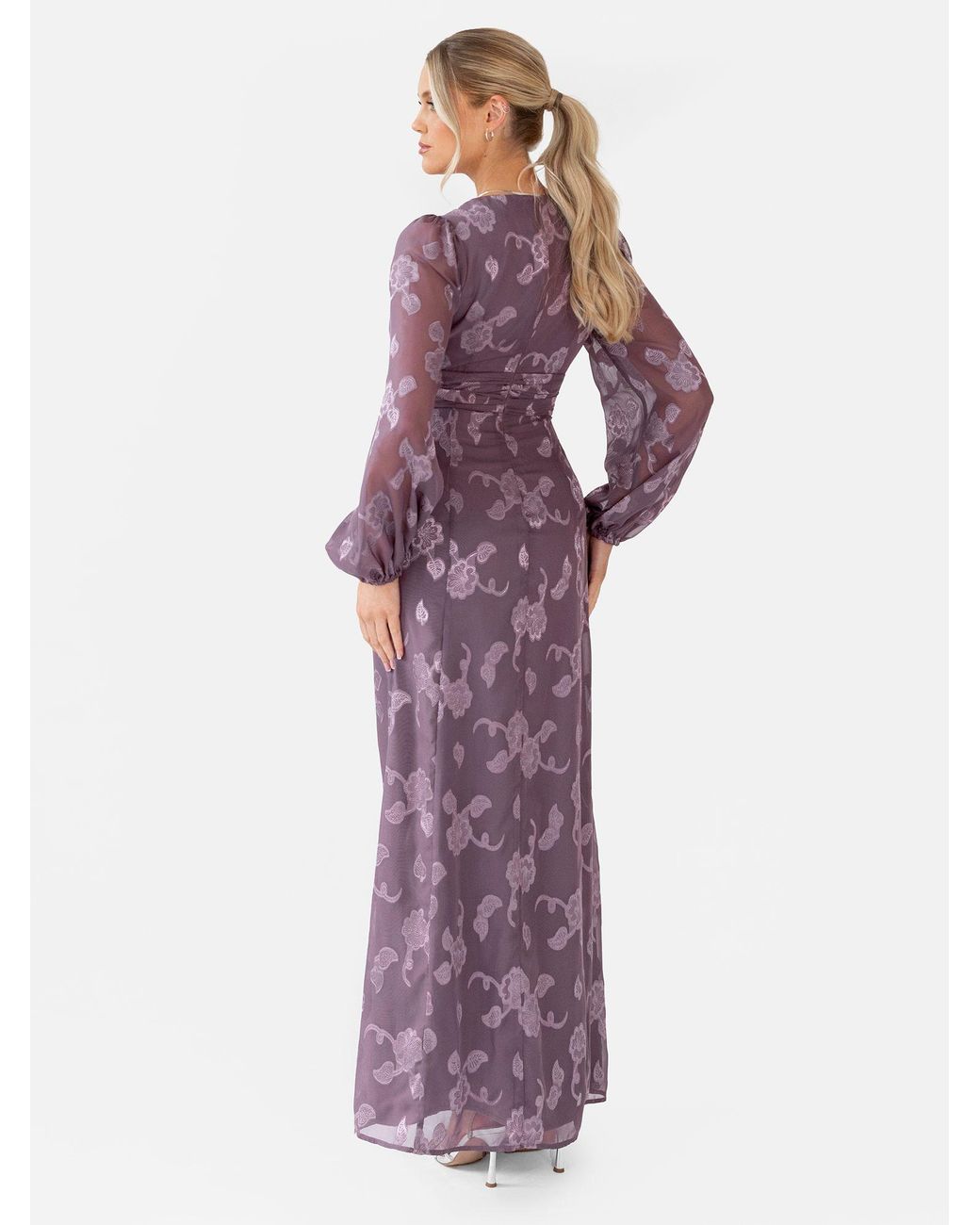 Maya Deluxe Purple Floral Jacquard Long Sleeve Maxi Dress