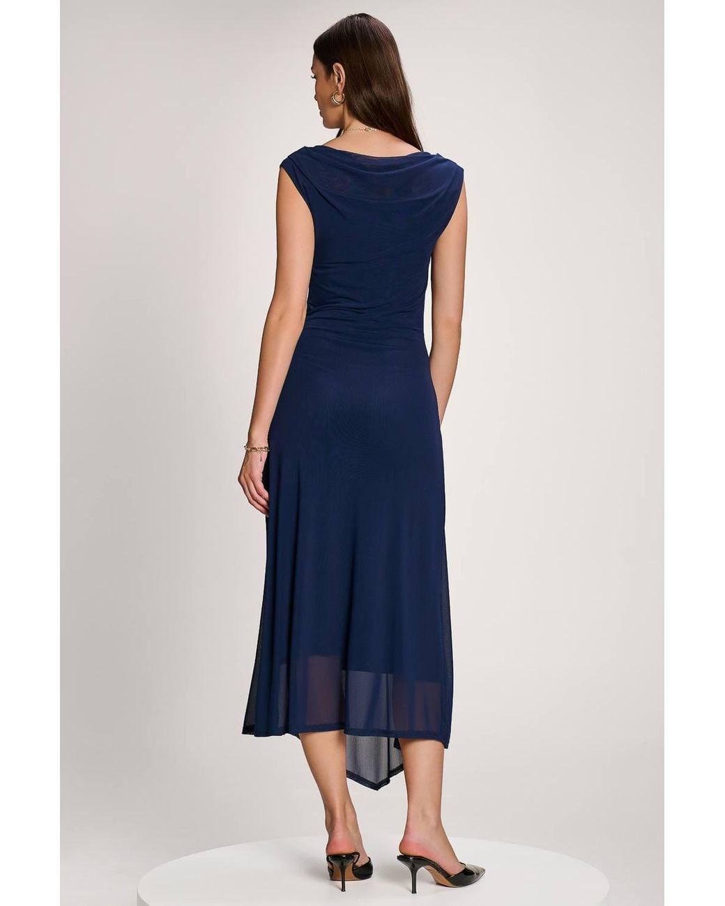 Jolie Moi Blue Asymmetric Draped Mesh Maxi Dress