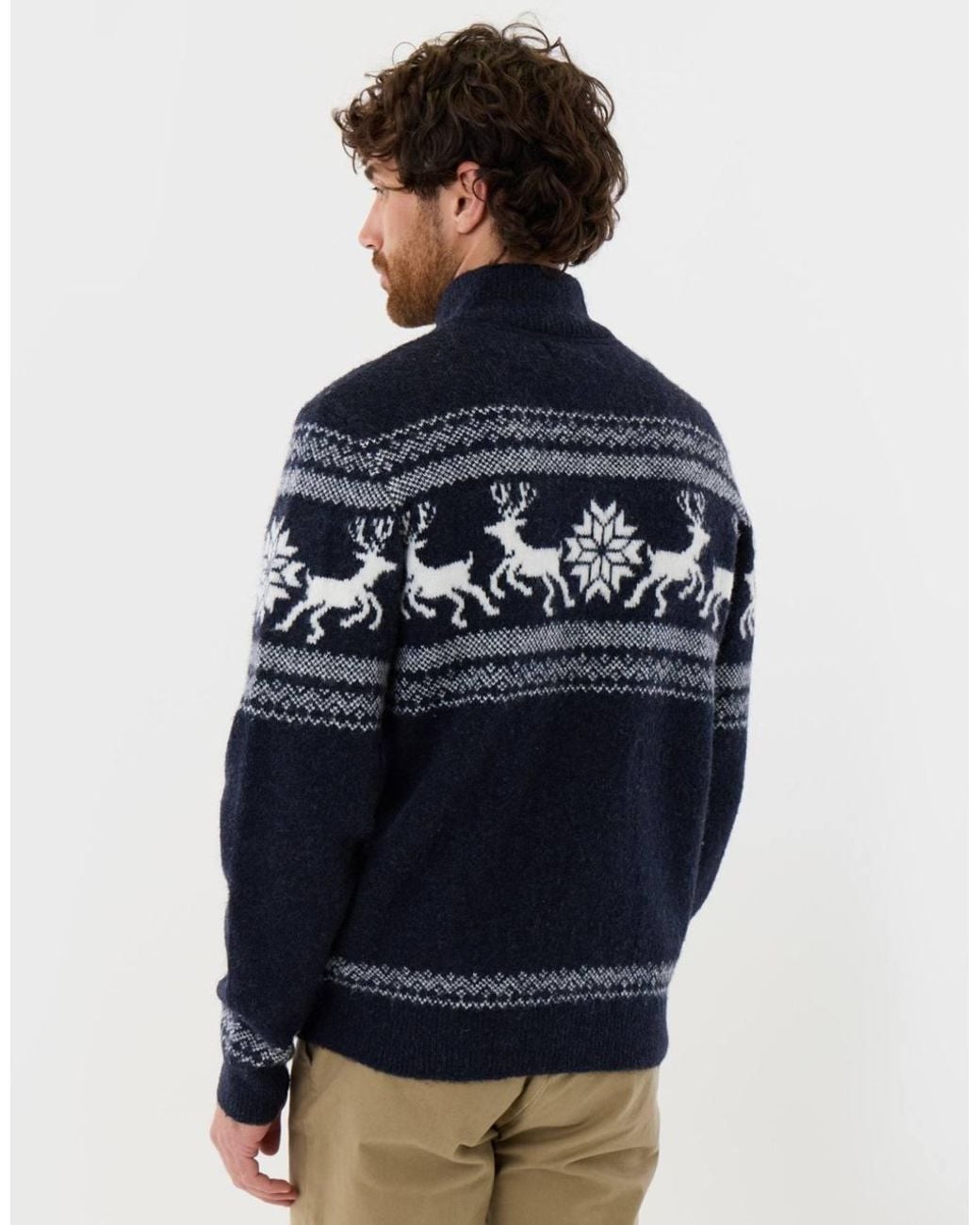 Threadbare Blue Fairisle Knitted Quarter Zip Christmas Jumper for men