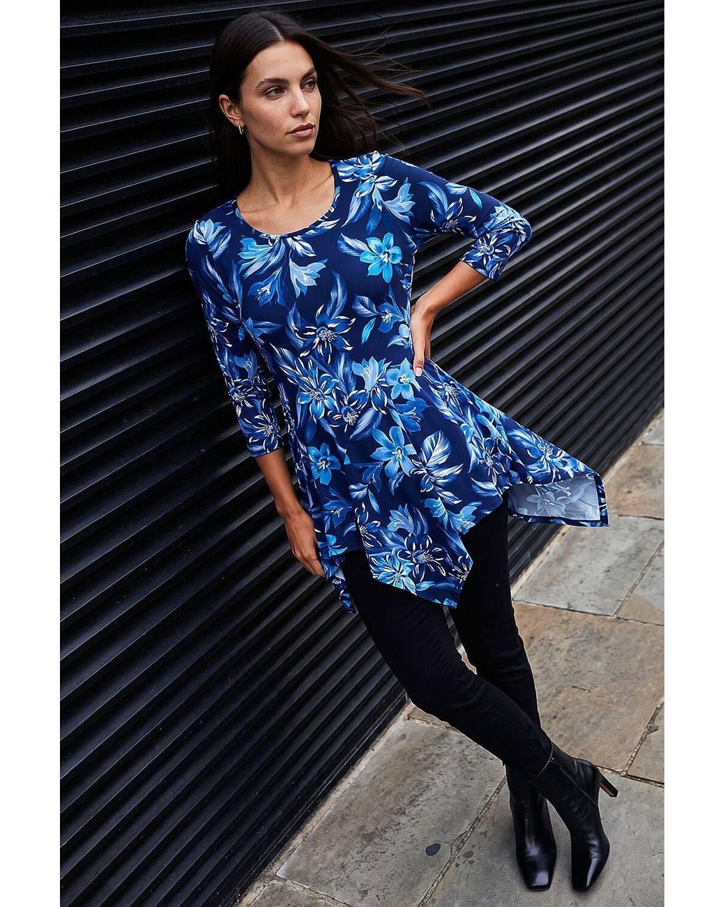 Roman Blue Floral Print Asymmetric Tunic Top