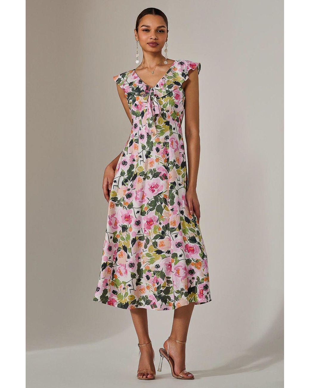 Jolie Moi Multicolor Frill V Neck Midaxi Dress