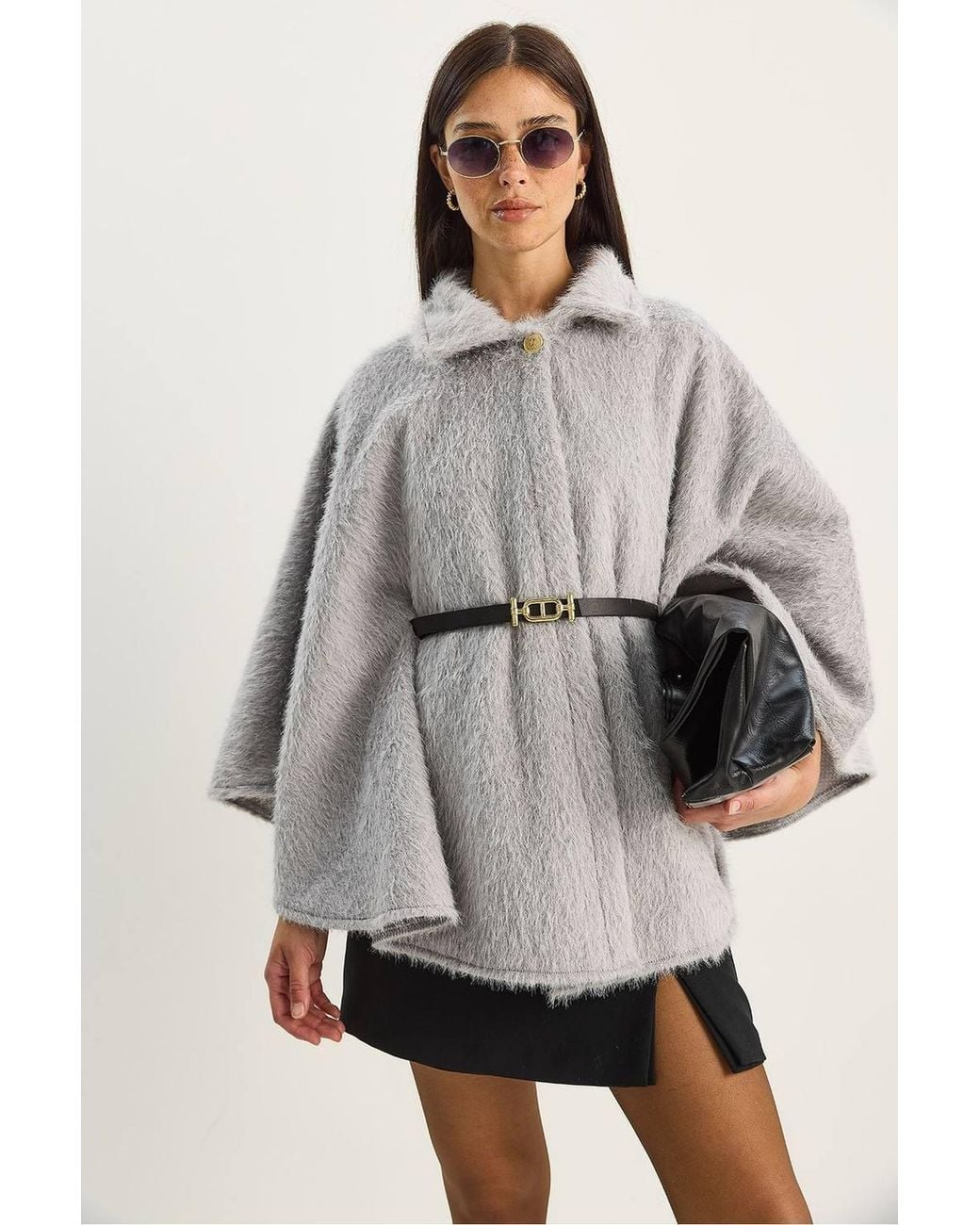 Bianco Lucci Gray Textured Oversized Button-Up Overcoat