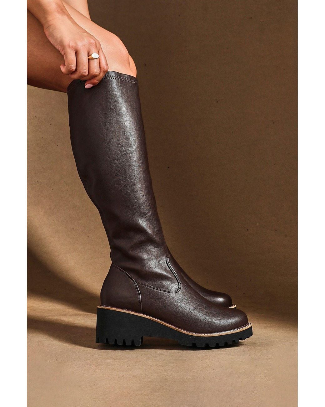 Linzi Black Maintain Wide Fit Faux Leather Stretch High Leg Wedge Boot