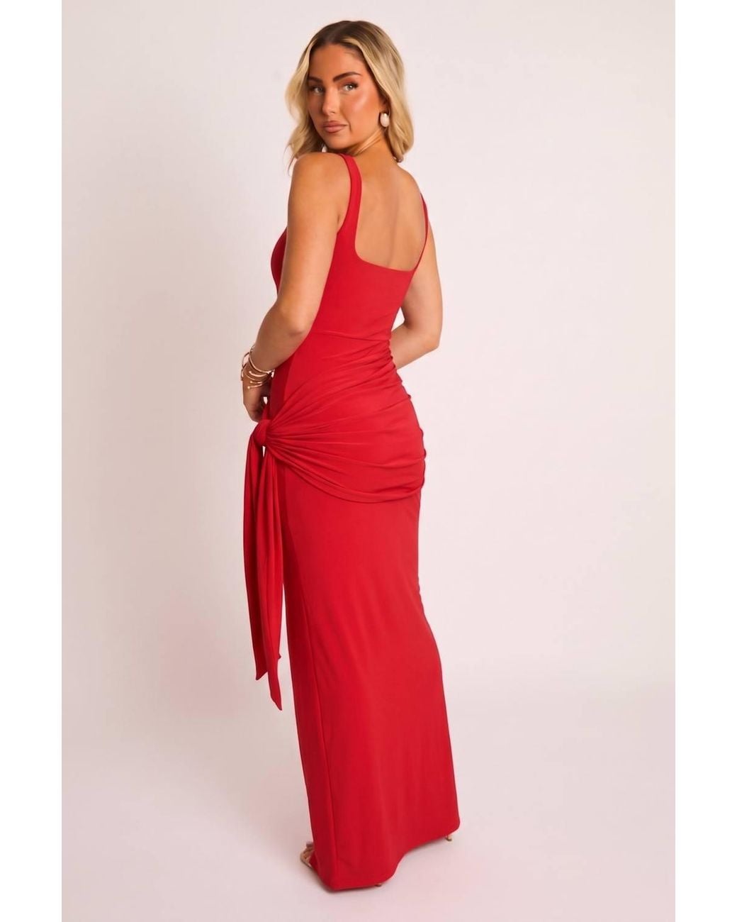 Rebellious Fashion Red Square Neck Tie Front Maxi Dress