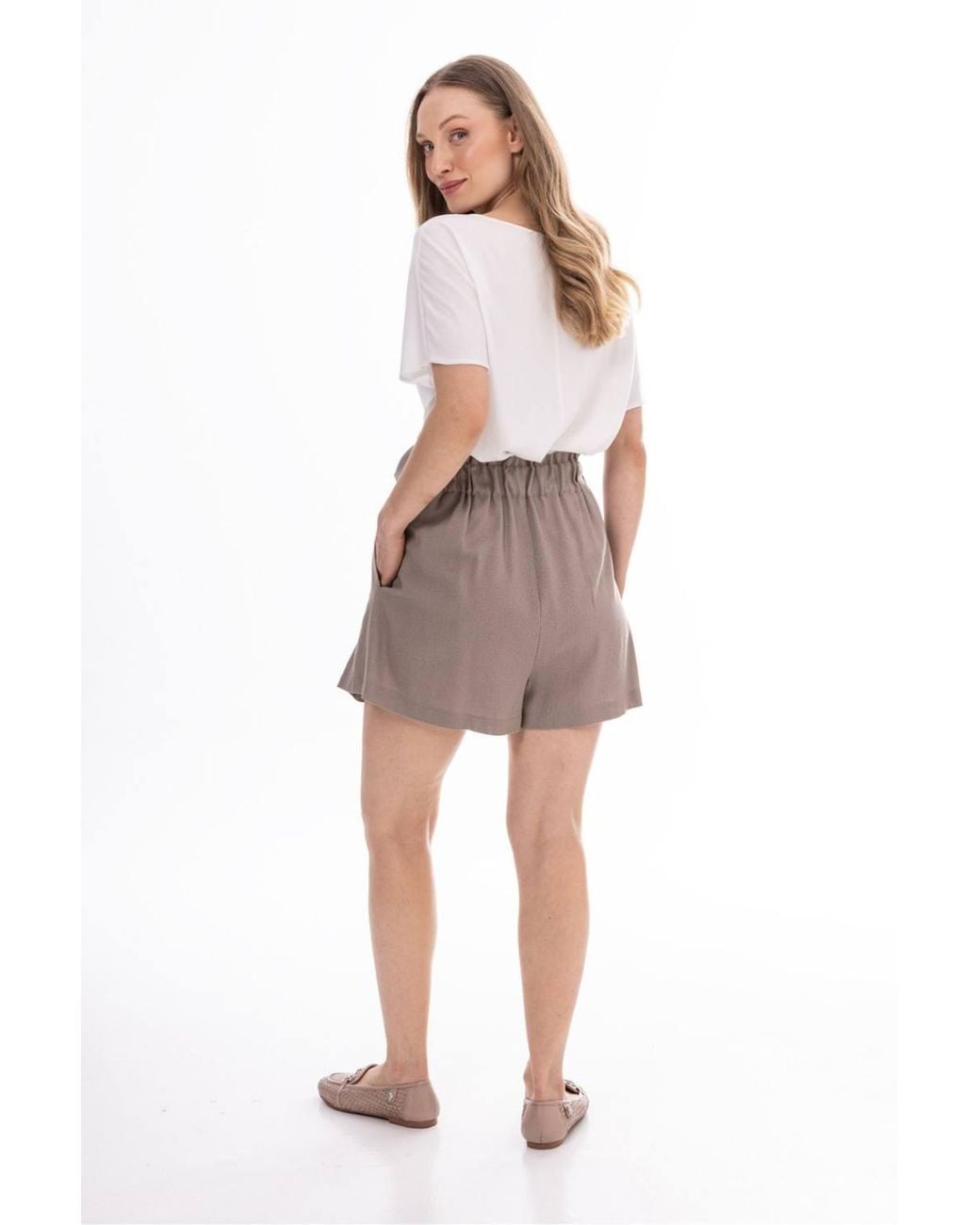 Love Lace Natural Belted High Waist Pleated Linen Shorts