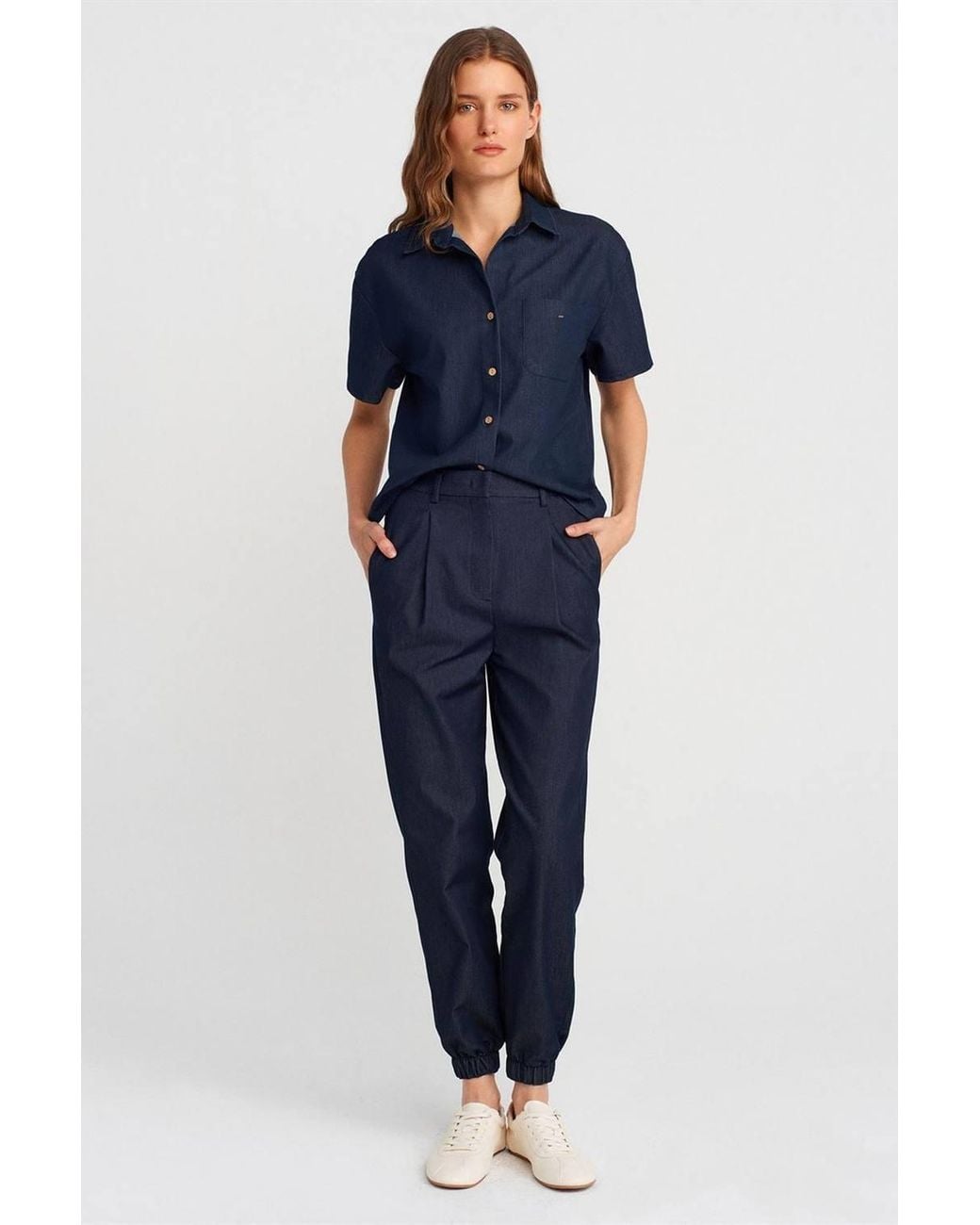 Dilvin Blue Linen Blend Short-Sleeve Button Shirt