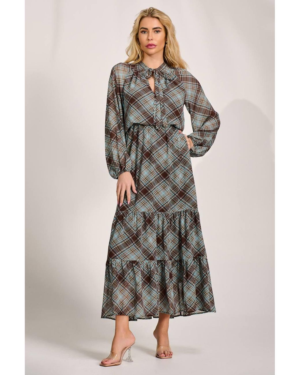 Jolie Moi Brown Chiffon Long Sleeve Tiered Maxi Dress