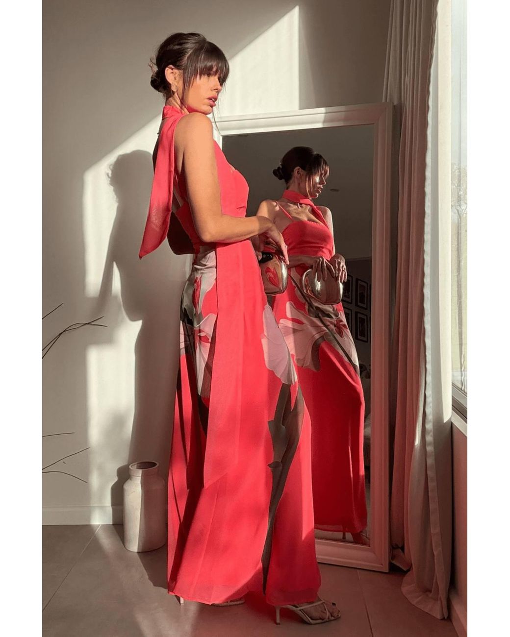 Style Cheat Pink Peony Soft Satin Maxi Dress With Scarf