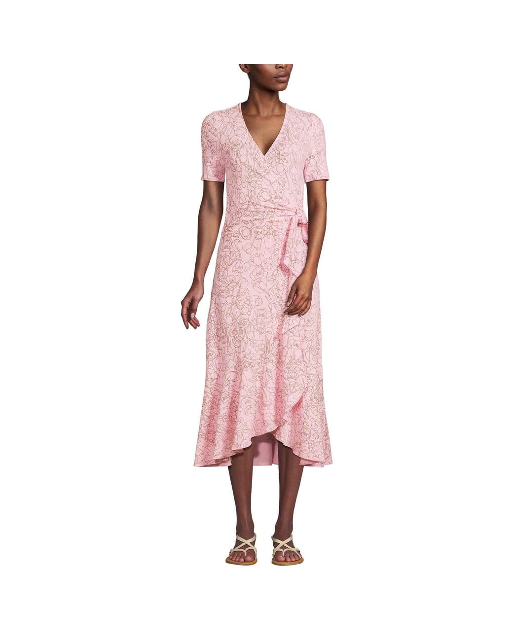 Lands' End Pink Cotton Modal Short Sleeve V-Neck Wrap Dress