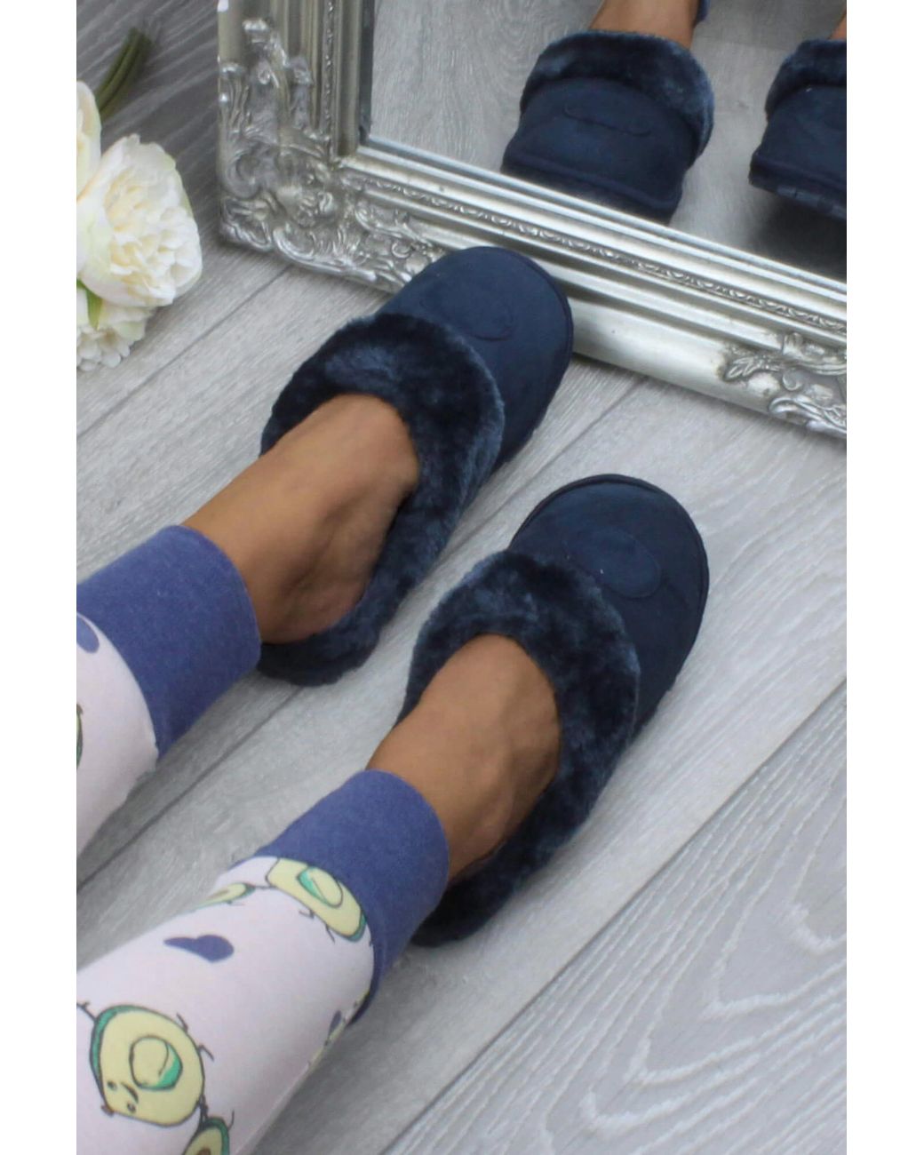 AJVANI Blue Faux Fur Lined Slip On Memory Foam Mules Slippers