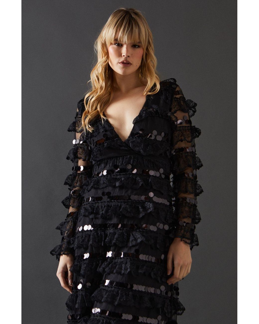 Warehouse Black Premium Lace Sequin Frill Tier Plunge Neck Maxi Dress