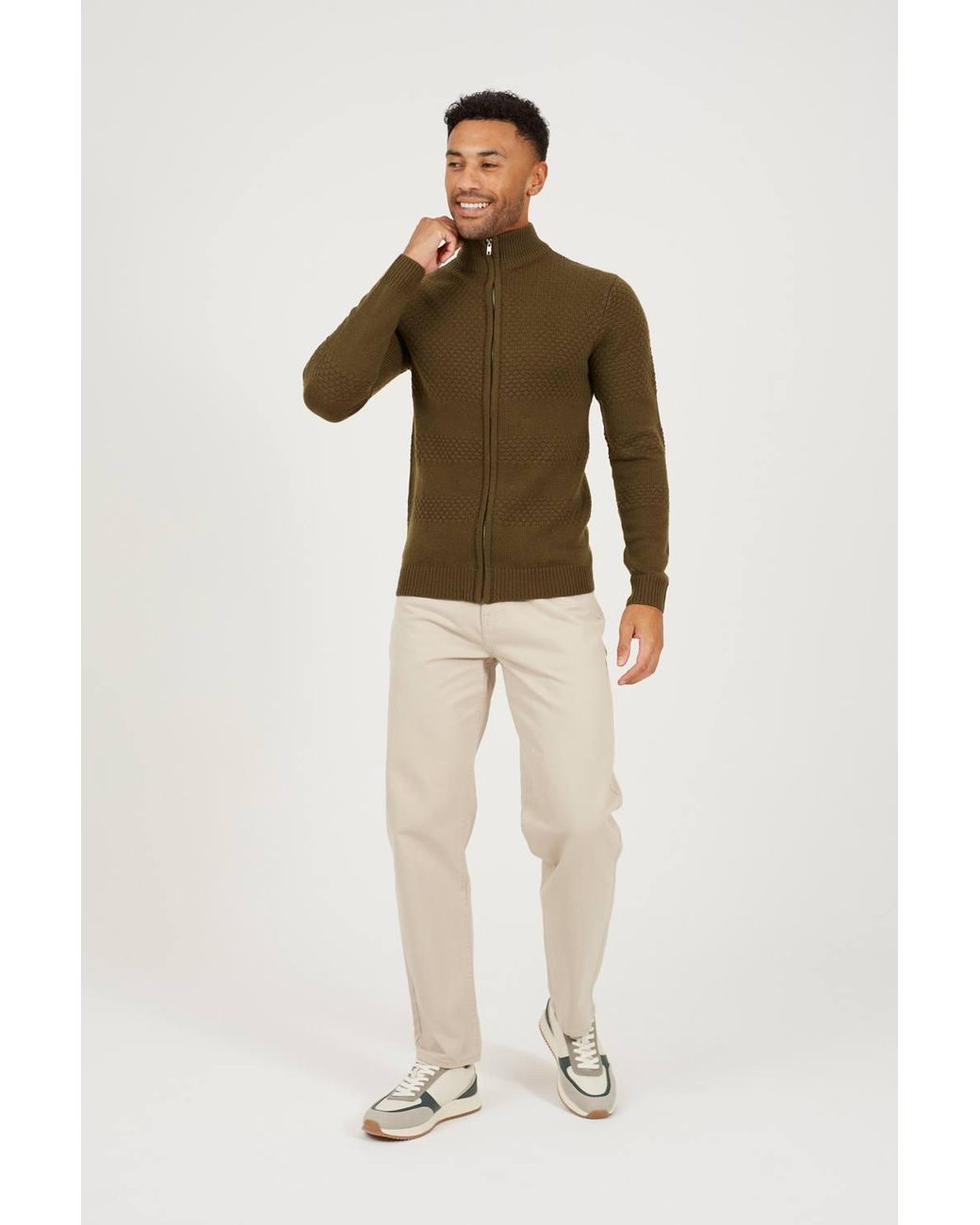 Brave Soul Green Zip Through Funnel Neck Knit Cardigan for men