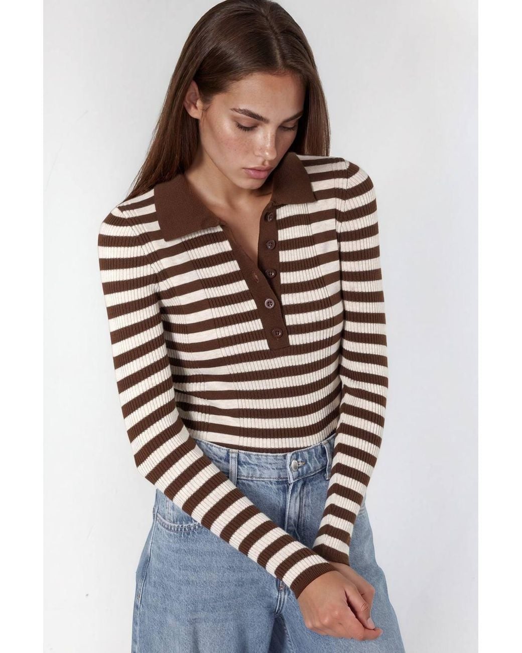 Hiccup Brown Striped Ribbed Button Polo Sweater