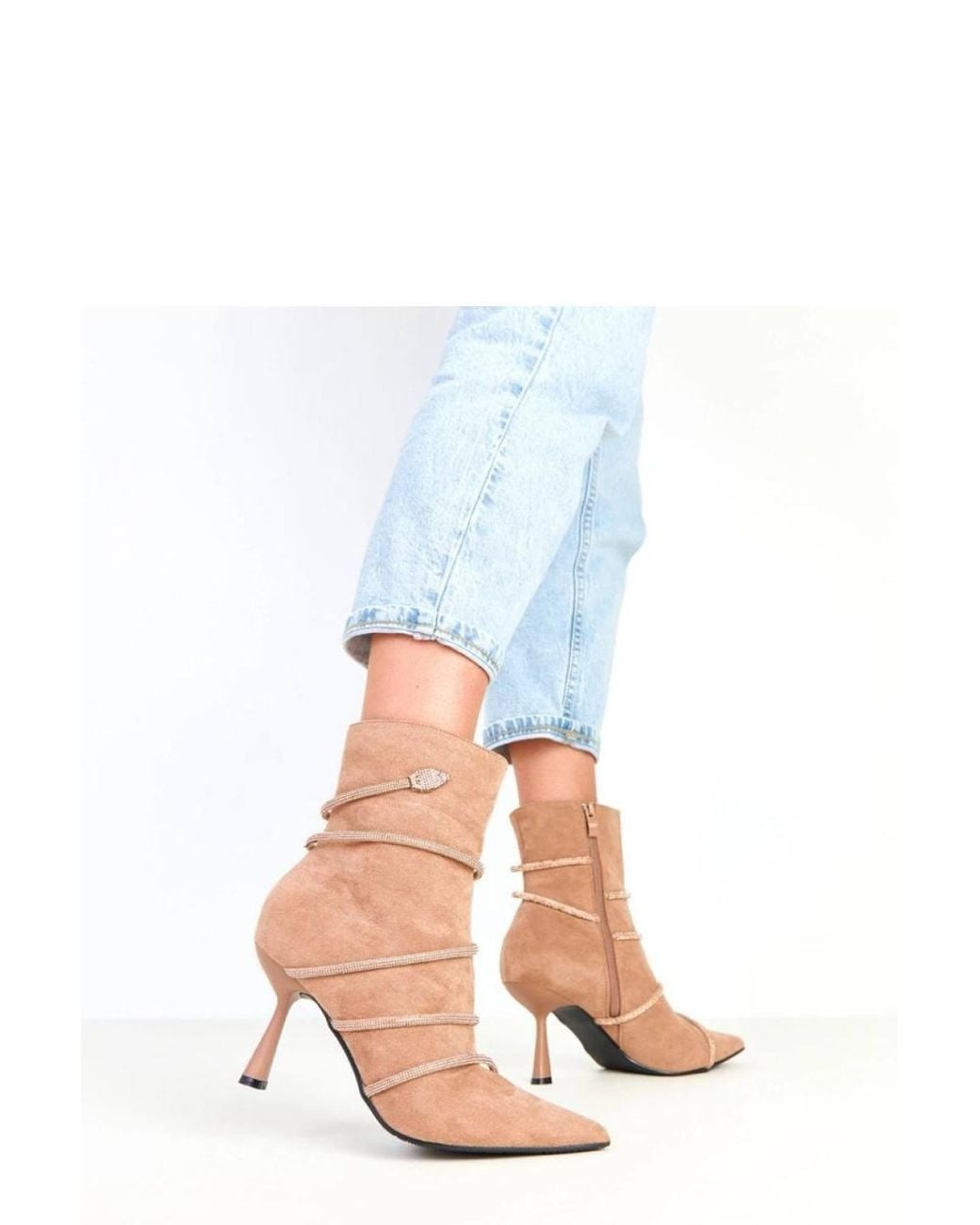 Love Lace Blue Elegant Suede Ankle Boots With Zircon Strap Shine Stiletto Heel