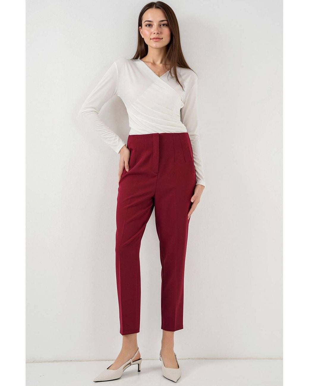 Bigdart Red High Waist Slim Fit Ankle Length Crepe Pants