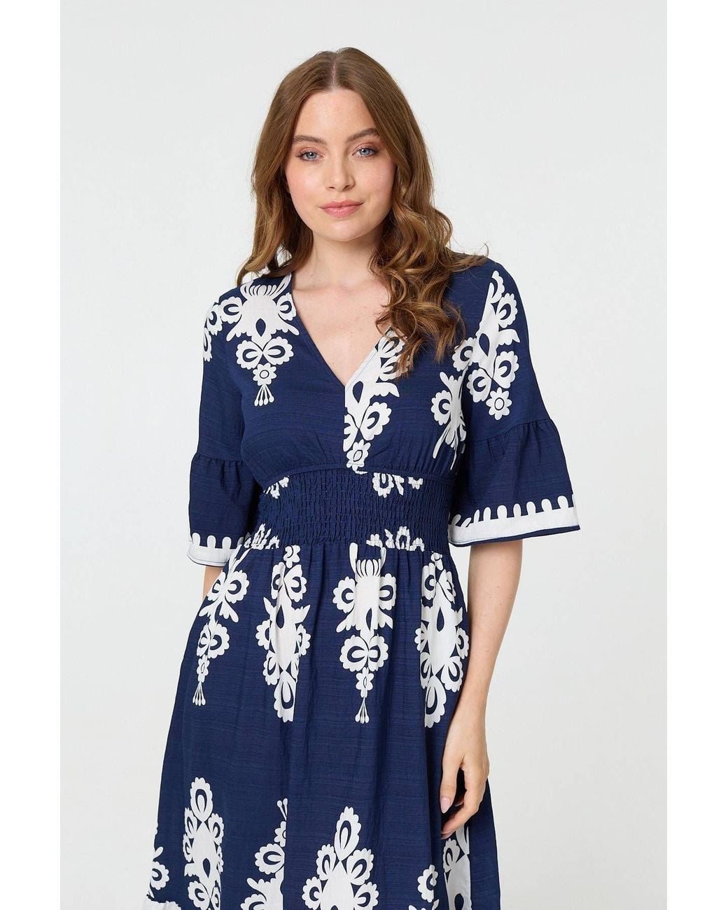 Izabel London Blue Ikat Print 1/2 Flared Sleeve Midi Dress