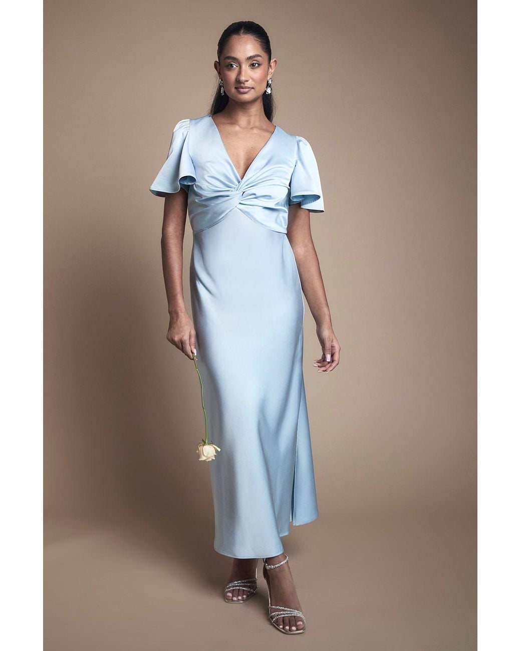 Oasis Blue Satin Twist Front Angel Sleeve Midi Bridesmaid Dress
