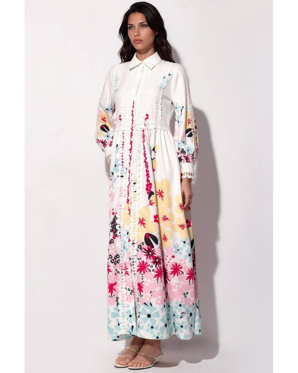 Msn-Collection White Floral Shirt Collar A-Line Maxi Dress