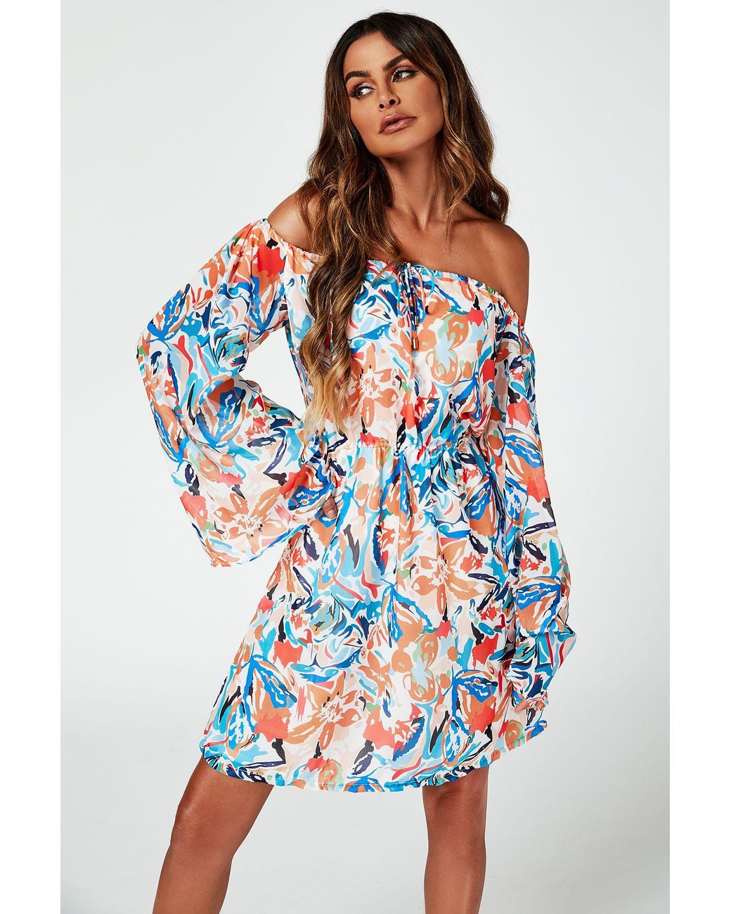 FS Collection Blue Flute Sleeve Bardot Dress With Tie Detail