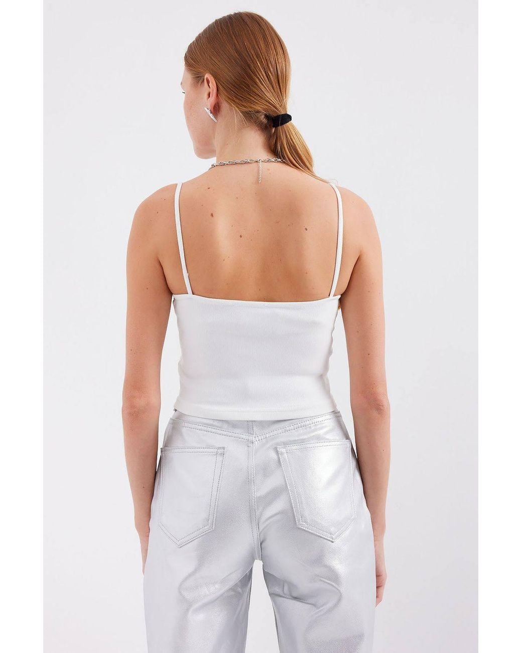 Bigdart White Stone Embellished Fitted Crop Top With V-Neck